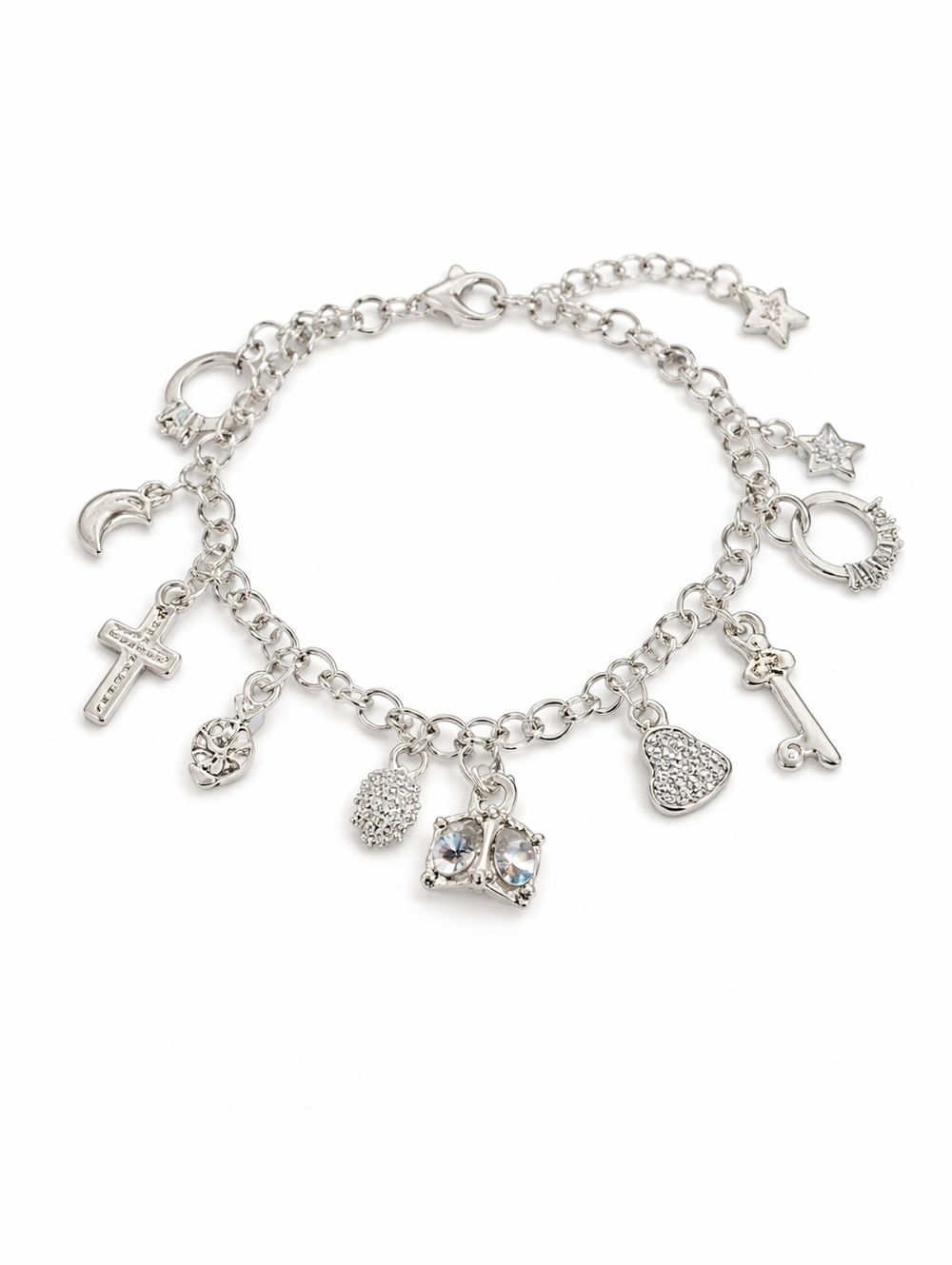 Silver Tone Charm Bracelet Multi Charm Cross Moon Star Heart Key Rhinestone